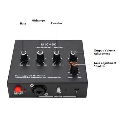 Microphone Preamp Mic Gain Booster 48V Power Supply Mic Pre Amp for Dynamic Condenser XLR 3.5mm 6.35mm Inputs Outputs (with XLR Cable) - size: With XLR Cable
