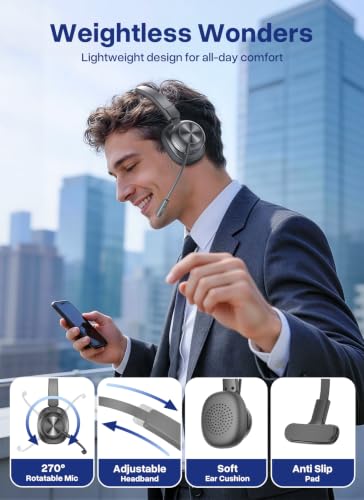Trucker Bluetooth Headset, Wireless Headset with Microphone | USB Dongle, On Ear Bluetooth Headphones with AI Noise Cancelling 50H Playback Mute Button for Truck Driver Office Work, Ash - color: Ash
