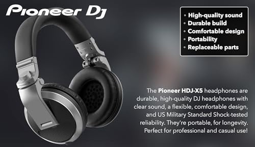 Pioneer DJ HDJ-X5 Over-Ear DJ Headphones - Silver Bundle with Case, Stand, and Austin Bazaar Polishing Cloth - color: HDJ-X5, style: Silver