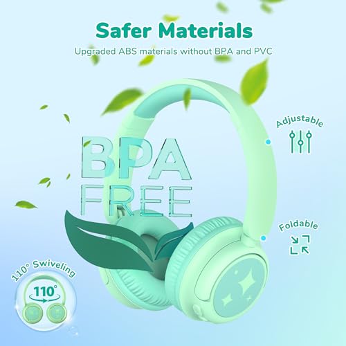 iClever BTH22 Kids Bluetooth Headphones for Toddler Travel, 60H Play Time | SafeSound Tech3.0, Stereo Sound, USB C Fast Charging, AUX Cable, Kids Wireless Headphones for Girls/Boys/Tablet/PC/School - color: Light Green
