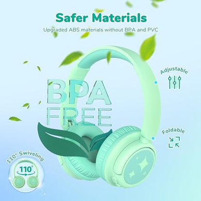 iClever BTH22 Kids Bluetooth Headphones for Toddler Travel, 60H Play Time | SafeSound Tech3.0, Stereo Sound, USB C Fast Charging, AUX Cable, Kids Wireless Headphones for Girls/Boys/Tablet/PC/School - color: Light Green