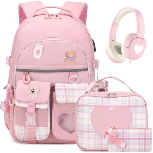 ACESAK Backpack for Girls with Headphones - Girls Backpack with Lunch Box, Pencil Case & Kids Headset - 3.5mm Wired Headphones for School Bookbag Schoolbag Set Back To School Gift (Pink) - color: Pink
