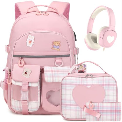 ACESAK Backpack for Girls with Headphones - Girls Backpack with Lunch Box, Pencil Case & Kids Headset - 3.5mm Wired Headphones for School Bookbag Schoolbag Set Back To School Gift (Pink) - color: Pink