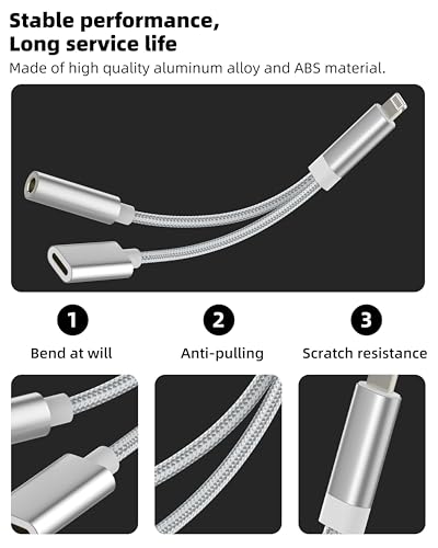 for iPhone Aux Adapter Lightning to 3.5mm Headphone Jack Dongle (2in1) 14 13 11 Pro Max Lighting Charger Wired Earphone Adaptor Cable for Ipad Audio Cord Splitter Car Power Charging Connector