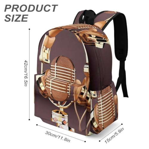 Travel Backpack for Women Men Carry On Backpack Coffee Collection Laptop Bag Lightweight Casual Daypack - color: Colorful Gold Microphone and Headset