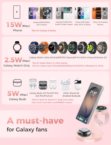 Magnetic Wireless Charger for Samsung, 3 in 1 Super Fast Charging Station Compatible with MagSafe, Phone Charger Stand for Samsung Galaxy S26 Ultra S25 Z Fold/Flip 8, Watch Ultra 8 7 6, Buds 4/3 Pro - color: Pink