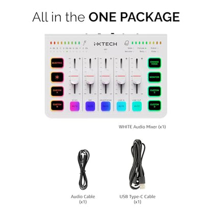 IXTECH Gaming Audio Mixer 4 Channel Soundboard, Streaming RGB PC Audio Interface with XLR Microphone Support, Audio Equalizer for Gaming Podcast Streaming Karaoke, Individual Volume Controls (White)