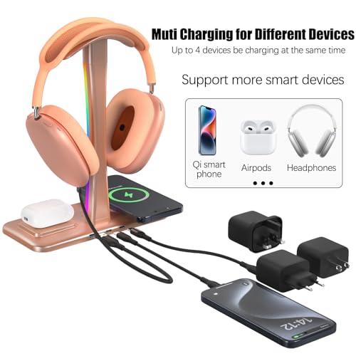 Headphone Stand with Wireless Charger,Gaming Headset stand with RGB Light Mode,For Airpod Max Stand Compatible with Airpod Pro/3/2,For iPhone 17/16/15/14/13/12/11,Gifts for Gamers & Music Lover (Gold) - color: Gold