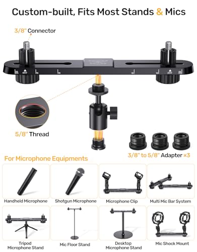 Stereo Array Spacing Microphone Holder with All-Metal Mic Ball Head Adapter, Adjustable Mic Mount Bar for Two Mics/Booms with 3/8" - 5/8" Screw Adapters, Fits Mic Stands for Recording, Live Streaming﻿ - size: Stereo Mic Bar+Ball Head Adapter