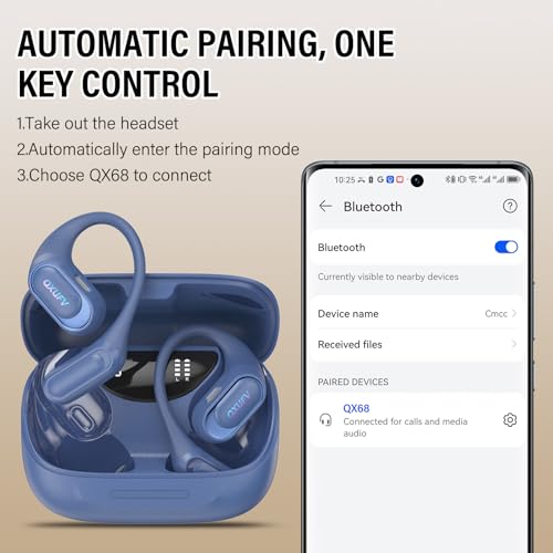 Wireless Bluetooth Earbuds, Open Ear Headphones, Blue | HiFi Stereo Open Ear Buds with HD Mic, 50H LED Power Display Air Conduction Earbuds, AI Translation Earbuds Real Time - color: Blue