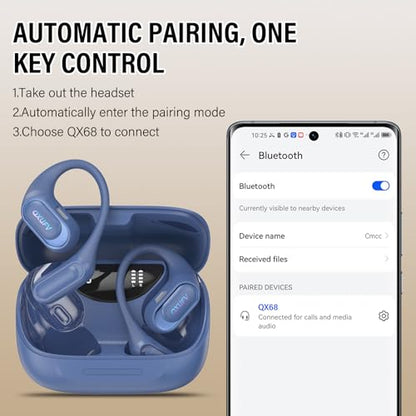 Wireless Bluetooth Earbuds, Open Ear Headphones, Blue | HiFi Stereo Open Ear Buds with HD Mic, 50H LED Power Display Air Conduction Earbuds, AI Translation Earbuds Real Time - color: Blue