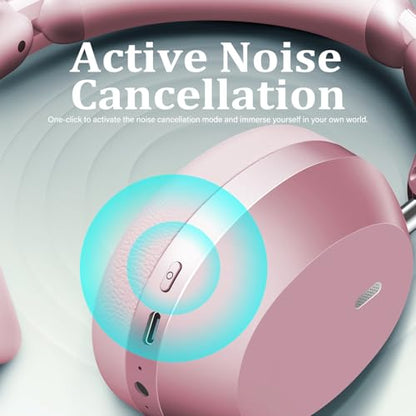 Wentronic Y04 Bluetooth 5.3 Wireless Over-Ear Headphones with Active Noise Cancelling & Hi-Res Sound, 48H Playtime, Soft Comfort Earcups – Travel, Office & Home – iOS, Android & PC – Pink - color: Pink