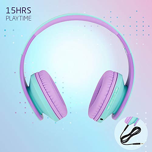 PowerLocus Kids Headphones Over-Ear, Bluetooth Wireless Headphones for Kids,with Microphone, Safe 85DB Volume Limited, Foldable with Carry Case, Audio Cable, Micro SD mode for Online Classes,PC,Phones - color: Teal