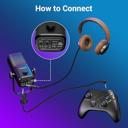 TONOR Gaming Mic Compatible with Xbox, RGB Streaming Boom Mic with 30H Battery Life, Low Noise, Monitoring, Gain Control, One Tap Mute, Fast Charging, Compatible with Capture Card TCX3+ Black - color: Black, style: Modern