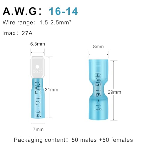 100PCS Heat Shrink Spade Connectors,16-14AWG Female Male Fully Insulated Terminals,Electrical Wire Crimp Connectors Kit - size: AWG16-14（50Pcs Female+50Pcs Male）