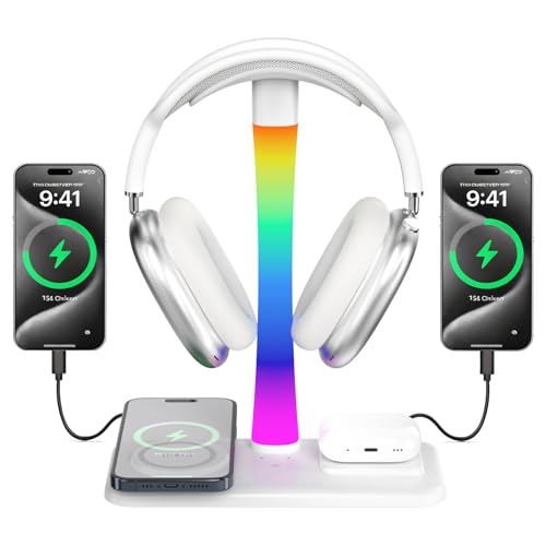 Headphone Stand with Wireless Charger,Gaming Headset Stand with RGB Light Mode,for iPhone17/16/15/14,Gifts for Gamers & Music Lover (White) - color: White