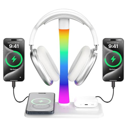 Headphone Stand with Wireless Charger,Gaming Headset Stand with RGB Light Mode,for iPhone17/16/15/14,Gifts for Gamers & Music Lover (White) - color: White