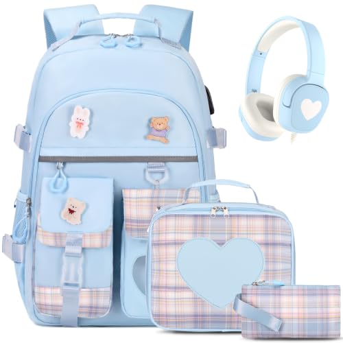 ACESAK Backpack for Girls with Headphones - Girls Backpack with Lunch Box, Pencil Case & Kids Headset - 3.5mm Wired Headphones for School Bookbag Schoolbag Set Back To School Gift (Blue) - color: Blue