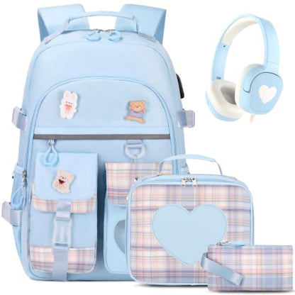 ACESAK Backpack for Girls with Headphones - Girls Backpack with Lunch Box, Pencil Case & Kids Headset - 3.5mm Wired Headphones for School Bookbag Schoolbag Set Back To School Gift (Blue) - color: Blue