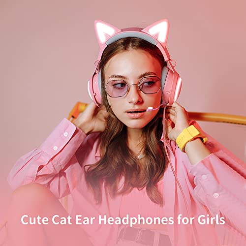 EASARS Pink Gaming Headset GS510, Wired, Over Ear, Cat Ear Design with RGB Lighting, 7.1 Surround Sound, Retractable Mic, Compatible with PC, PS4, PS5 - color: Pink, style: Wired