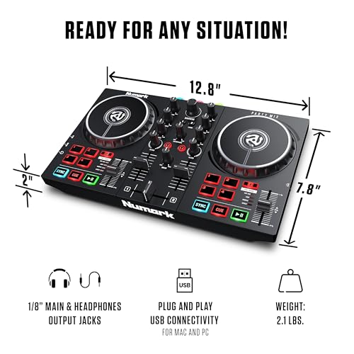 Numark Party Mix II DJ Controller with Built-in Lights | 2-Decks, 2 Filter FX Knobs, DJ Mixer, Touch-Capacitive Wheels, Integrated Audio Interface, and Serato DJ Lite - style: PARTYMIX II