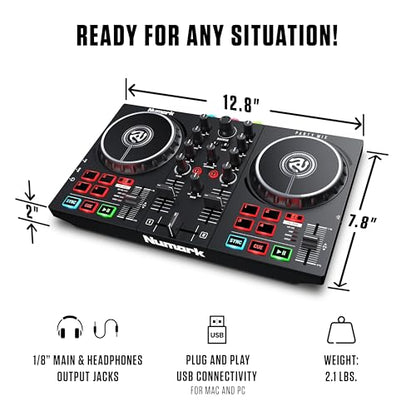 Numark Party Mix II DJ Controller with Built-in Lights | 2-Decks, 2 Filter FX Knobs, DJ Mixer, Touch-Capacitive Wheels, Integrated Audio Interface, and Serato DJ Lite - style: PARTYMIX II