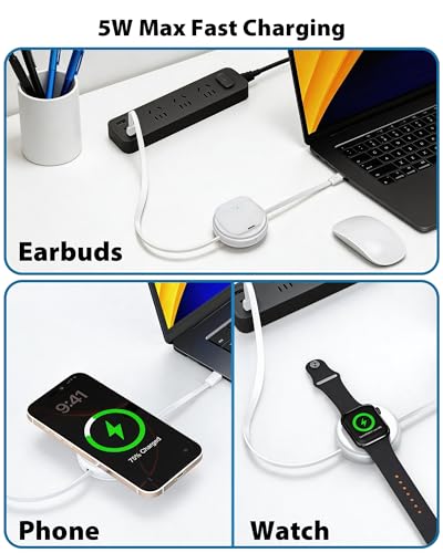 2-in-1 Wireless Charger with Retractable USB-C Cable – 60W PD | Fast Retractable Charging Cable & Phone Charger for iPhone Apple Watch Earbuds, Portable Travel Charging Station for Car