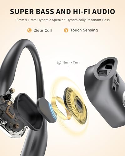 Open-Ear Headphones, Over Ear Earbuds with Ear Hooks, Wireless Earbuds Bluetooth 5.4 with Microphone, 60H Playtime, IPX7 Waterproof, Touch Control, Clear Calls for Running Workouts Sports | Wireless Earbuds Bluetooth 5.4 for Running, Rich Bass, Hi-Res Aud