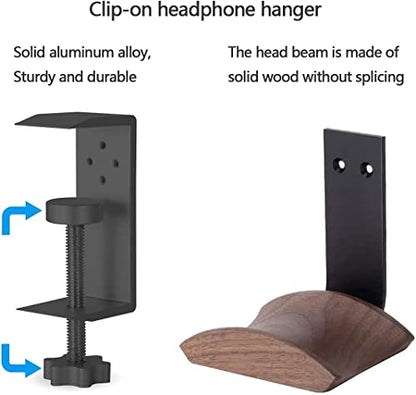 Walnut Wood Headset Holder Universal Adjustable Clamp-on Headphone Stand