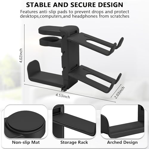 Rotating Headphone Stand with 360° Swivel, Adjustable Clamp-on Under Desk Headset Holder, Gaming Headphone Hanger (Black) - color: Black