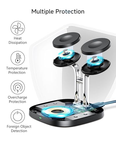 3 in 1 Dual Watch Wireless Charger Stand for Apple Watch Ultra/11 & AirPods | Dual magnetic watch charging, 5W Fast watch charge, Ergonomic design, Chrome plated plastic stand, Multi safety guard, 704A - color: Black & Silver