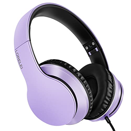 Lorelei X6 Over-Ear Headphones with Microphone, Purple-Black Lightweight Foldable & Portable Stereo Bass, Wired for Smartphone & Tablet, MP3 (1.45M No-Tangle) - color: Purple-black