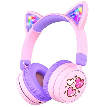 iClever Kids Bluetooth Headphones for Girls, LED Cat Ear Travel Gift | SafeSound Tech3.0, 60H Playtime, Bluetooth 5.3, USB C Charging, AUX Cable, Toddler Kids Headphones Wireless for Tablet PC - color: Peach Pink-Wireless