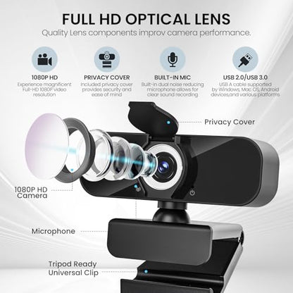 1080P Full Webcam with Microphone, Privacy & Safety Protection, USB HD Computer Web Camera, Plug and Play, for Laptop, Teams, Desktop, Conferencing and Video Calling, 2026 Version(Black)