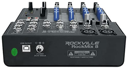 Rockville ROCKMIX 8 Channel USB Mixer with Interface, Compressor, Bluetooth | 2 XLR/1/4" Inputs, 48V Phantom Power, 3-Band EQ, FX Send, RCA Aux