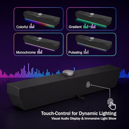 Computer Speakers for Desktop,USB Single-Cable, Computer Soundbar for PC | Compatible with Laptops | Towers | Devices |Stereo Sound and RGB Light, Plug-n-Play, Black Matte Finish, Mechanical Knobs