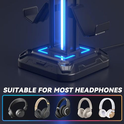 KDD RGB Headset Stand with 9 Light Modes - Controller Holder for Desk - Rotatable Headphone Stand & Detachable Controller Hook for PC Earphone Accessories(Black) - color: Black
