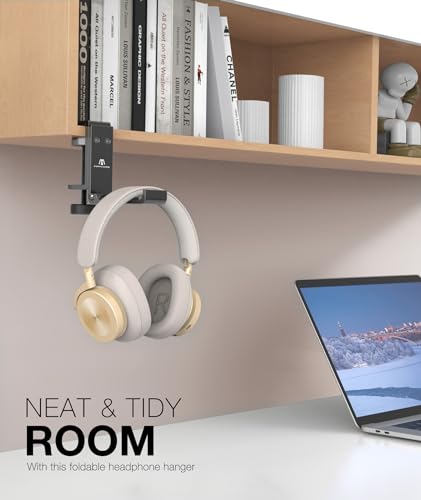 New Foldable Headphone Stand Hanger Holder Aluminum Headset Soundbar Stand Clamp Hook Under Desk Space Save Mount, Universal Fit Gaming Headphones, Black - color: Black