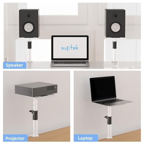 suptek Clamp-on Speaker Stand Desk Mount Set, Height Adjustment, Swivel, 9.6 x 8.8 inch Trays, Universal Audio Holders for Computer and Bookshelf Speakers, Elevated Sound, 2 Pack, White, SDM001GW - color: White, size: Fixed Speaker Stands