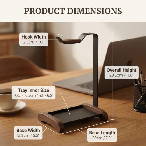 Headphone Stand for Desk with Storage Tray, Walnut Wood Headset Holder and Desktop Organizer for Headphones, Keys, Watches & Accessories, Home Office and Gaming Setup