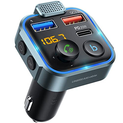 UNBREAKcable Bluetooth 5.3 FM Transmitter for Car Radio Adapter Charger | PD 20W and QC 3.0 Fast Charge, HiFi Bass Sound, Strong Mic, Hands Free Calls, Siri and Google Voice Assistant - color: Blue