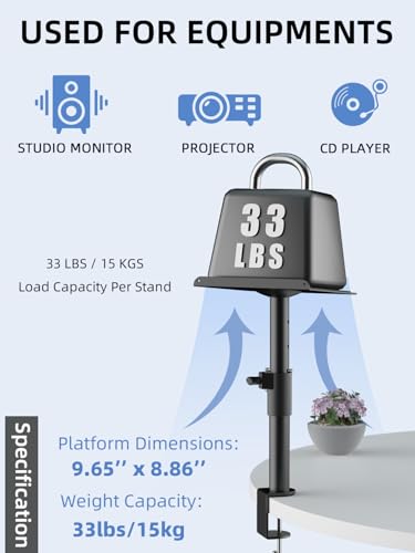 suptek Clamp-on Speaker Stand Desk Mount Set, Height Adjustment, ±12° Tilt, Swivel, 9.6 x 8.8 inch Trays, Universal Audio Holders for Bookshelf Speakers, Elevated Sound, 2 Pack, Black, SDM001GTB - color: Black, size: Tilt Speaker Stands
