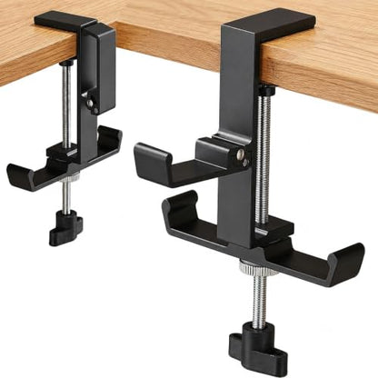 JAKO Headphone Stand for Desk, 3 Hooks Aluminum Alloy Headphone Holder (1 Foldable+2 Fixed) Space Saving Headset Stand Hook, Universal Fit PC Gaming Headsets Holder Desk Clamp for Office/Game Table - color: Black