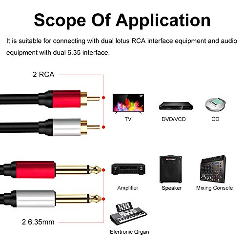 2 x 6.35 mm to 2RCA Cable,Dual 1/4 inch TS Stereo Jack Male to 2 RCA Male Stereo Audio Cable Splitter Adapter (5ft/1.5m, Black) - size: 5ft/1.5m