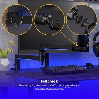 ENDORFY Broadcast Low Profile RGB Boom Arm, Premium Low Profile Microphone Smartfone and Light Arm with Cable, Rotatable, LED Lights with Controller