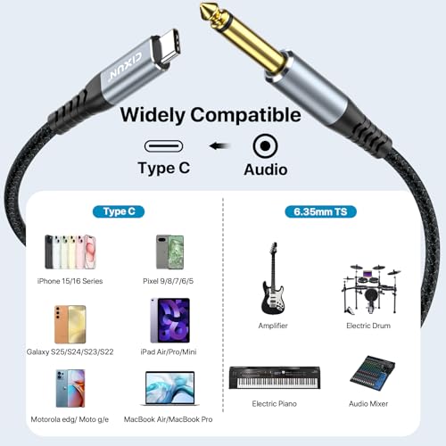 USB Guitar Cable 6.5FT, Guitar 1/4 Inch TS to Computer USB C Interface Cable Adapter for Instruments Recording Singing, 32Bit/384Khz Mono Braided Shielding Cable Compatible with USBC Ports - size: 6.5FT