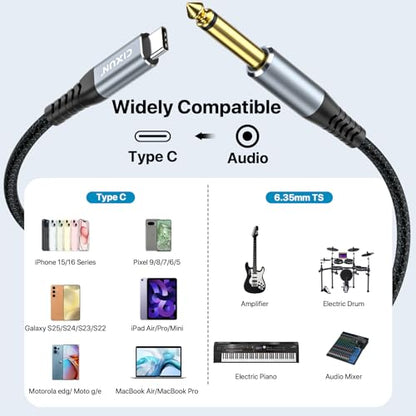 USB Guitar Cable 6.5FT, Guitar 1/4 Inch TS to Computer USB C Interface Cable Adapter for Instruments Recording Singing, 32Bit/384Khz Mono Braided Shielding Cable Compatible with USBC Ports - size: 6.5FT