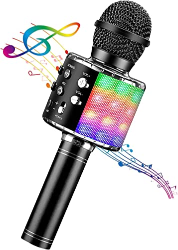ShinePick Karaoke Microphone, 4 in 1 Wireless Microphone with LED Lights Handheld Portable Karaoke Machine, Home KTV Player, Compatible with Android & iOS Devices(Black) - color: black