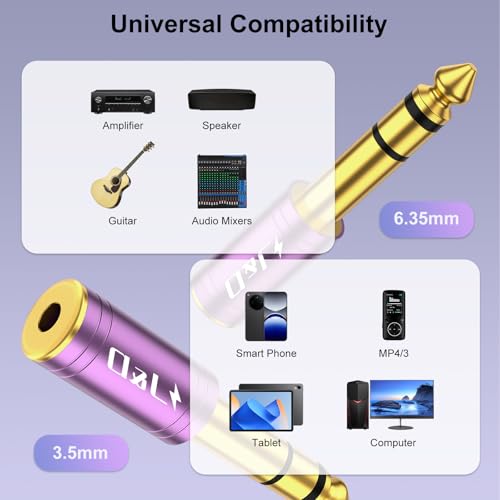 J&D 5-Pack 1/4 to 1/8 Headphone Adapter, 6.35 mm to 3.5 mm Stereo TRS Male to Female, Gold-Plated 3.5mm Plug Jack Connector for Guitar, Amp, Keyboard, Bass, Purple - color: Purple