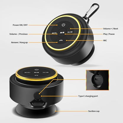 Bluetooth Shower Speaker with Carabiner, Portable Bluetooth Speakers with Suction Cup, IP67 Waterproof, Wireless, Floating, for Camping Beach Travel, Gift for Men, Women - color: Gold